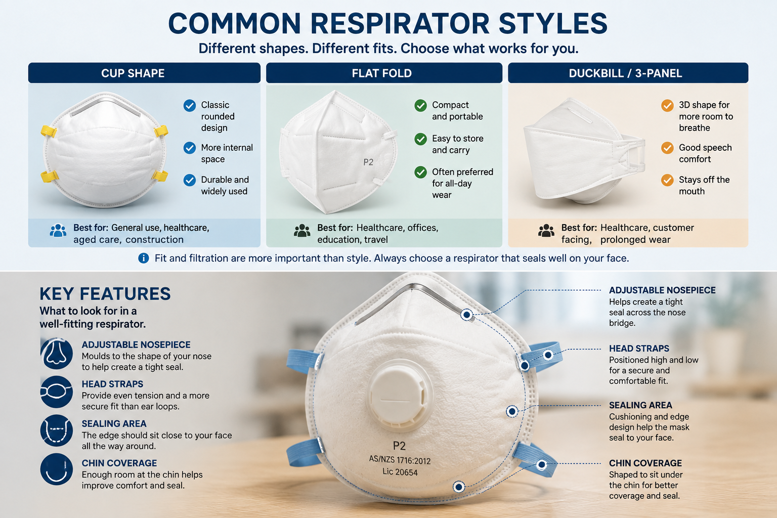 Different respirator designs showing how respirator shape and construction can affect fit