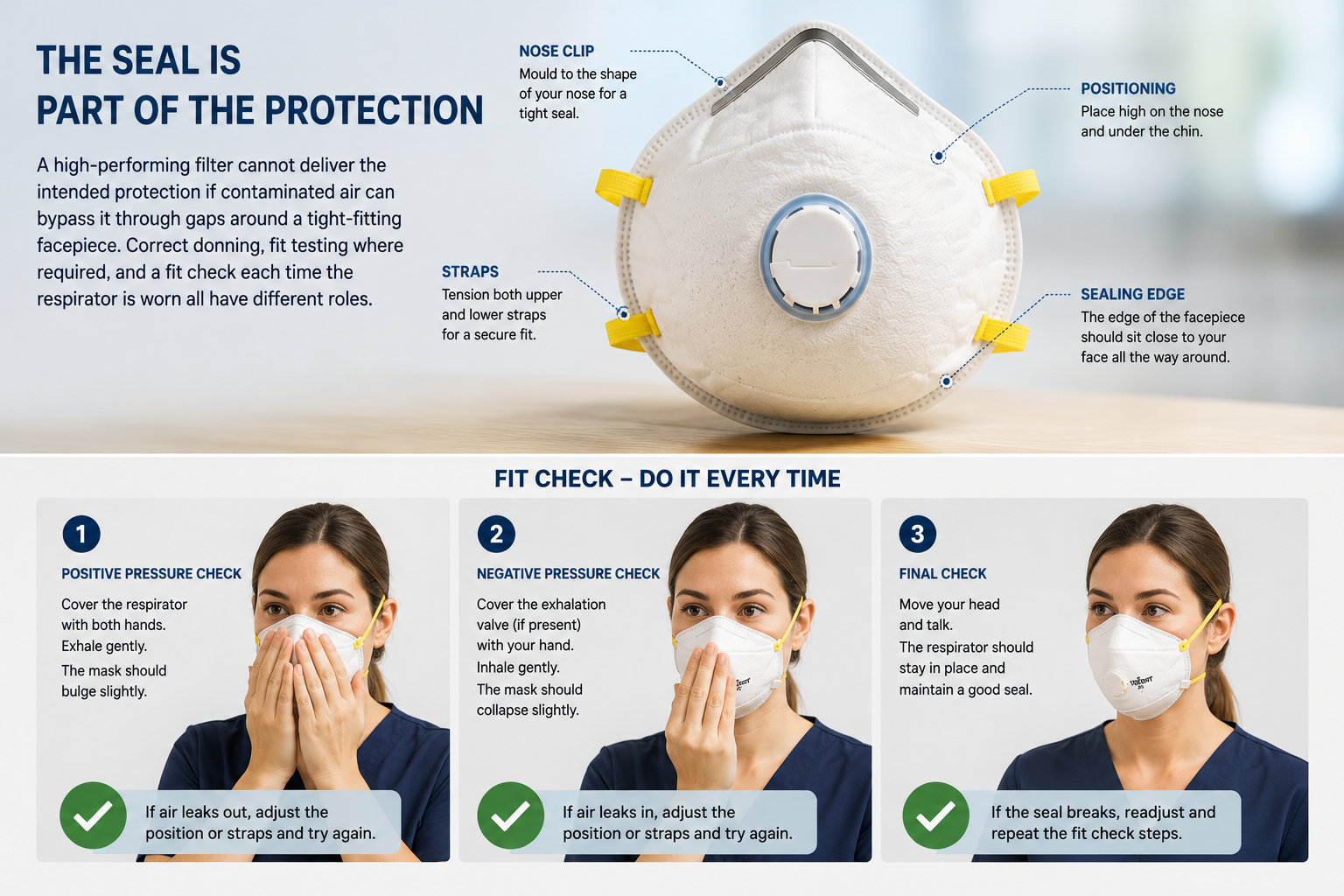Respirator fit check guide showing the importance of positioning, straps and a close facial seal