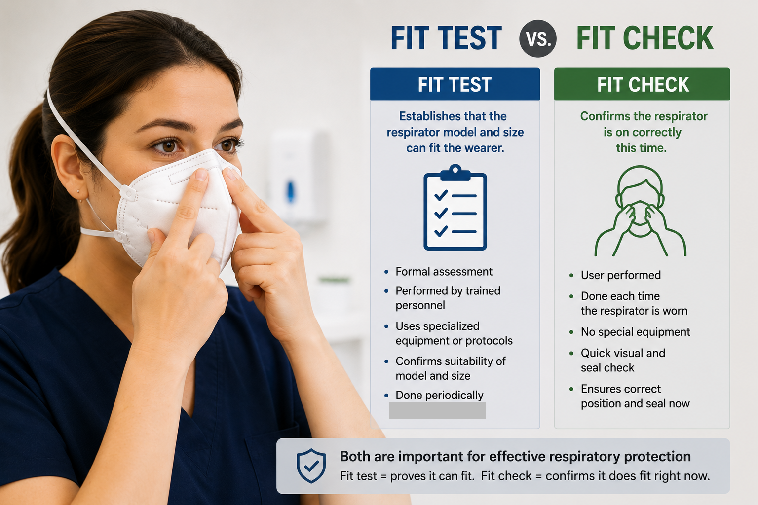 Fit test versus fit check infographic explaining the different roles of respirator fit testing and a user fit check
