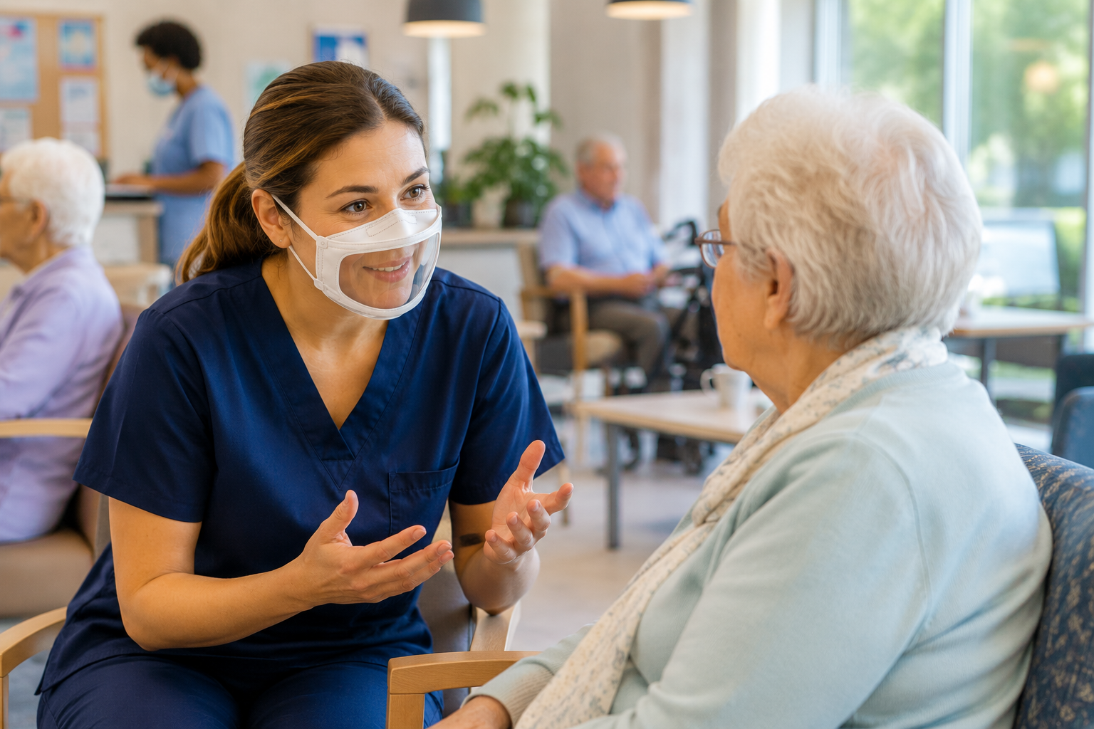 Healthcare worker communicating in a care environment where distance, background noise and visibility can affect understanding